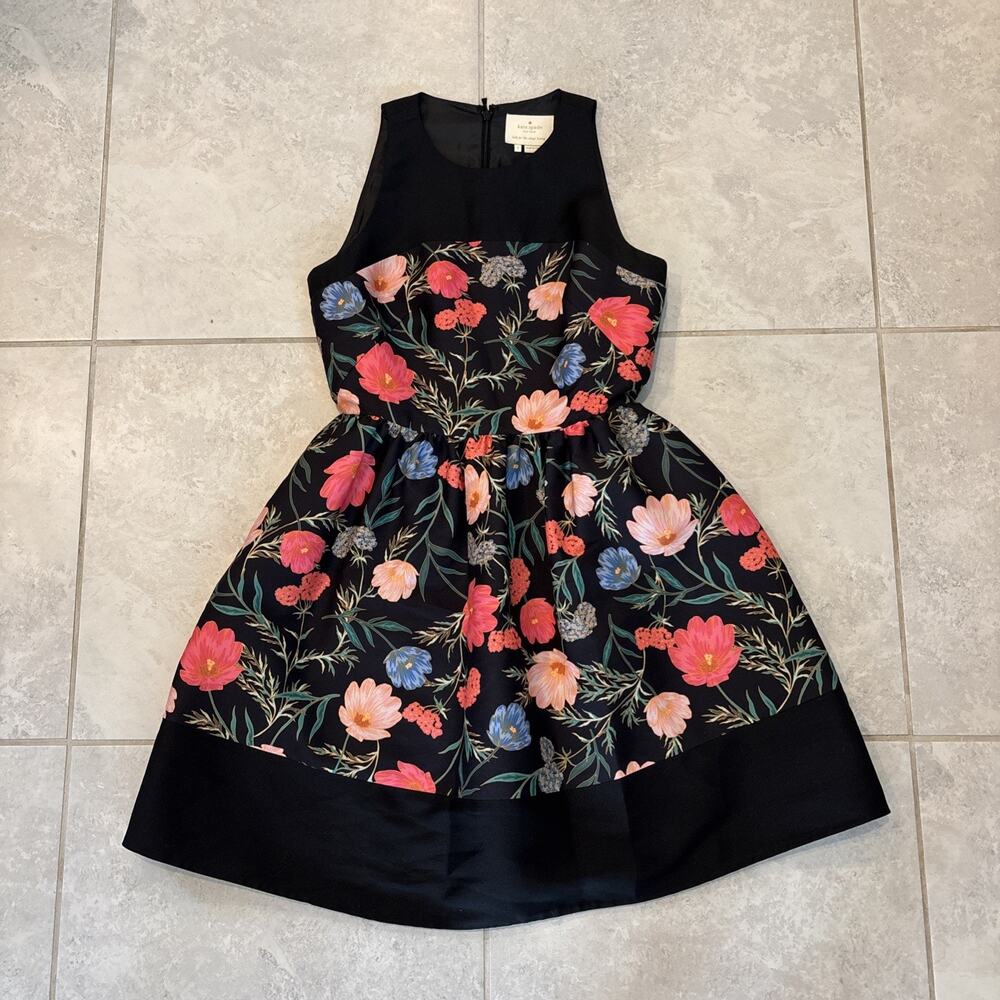 Kate Spade Black Floral Blossom Print Mikado Fit & Flare Cocktail Mini Dress 2
